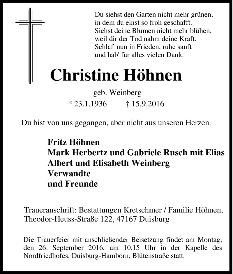  Traueranzeige für Christine Höhnen vom 21.09.2016 aus Tageszeitung