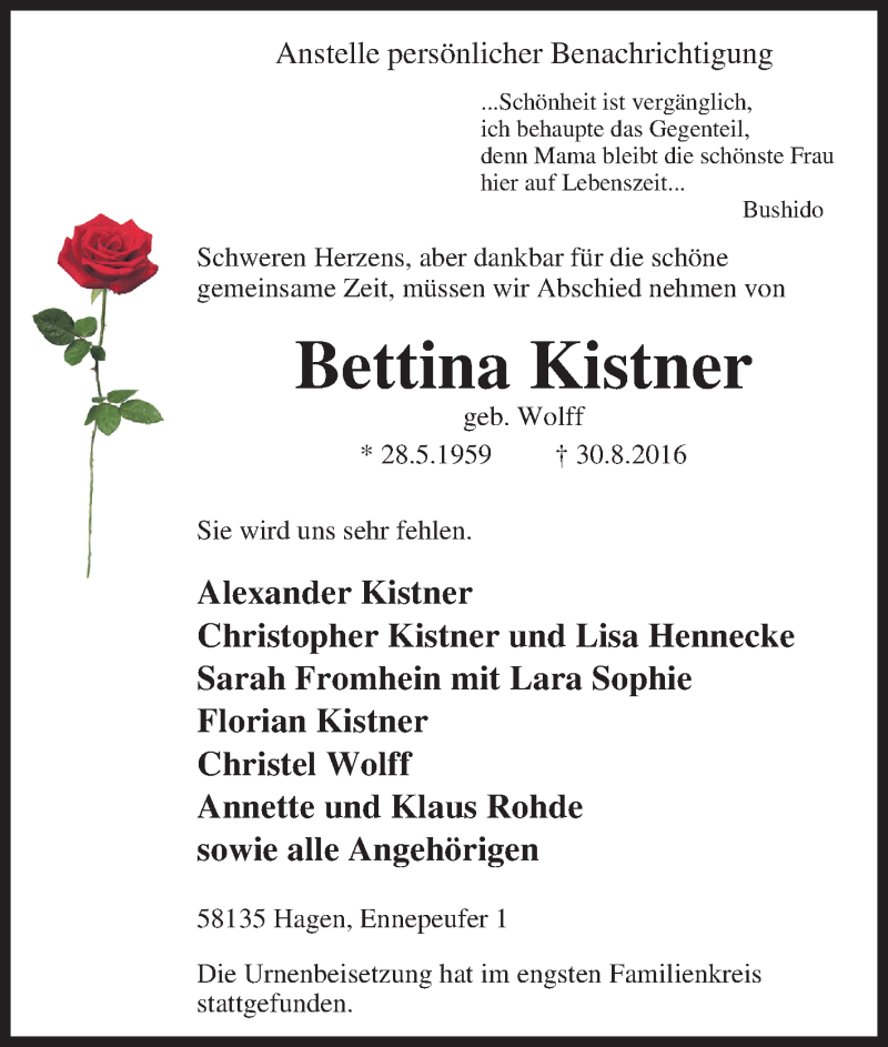 Traueranzeige für Bettina Kistner vom 16.09.2016 aus Tageszeitung