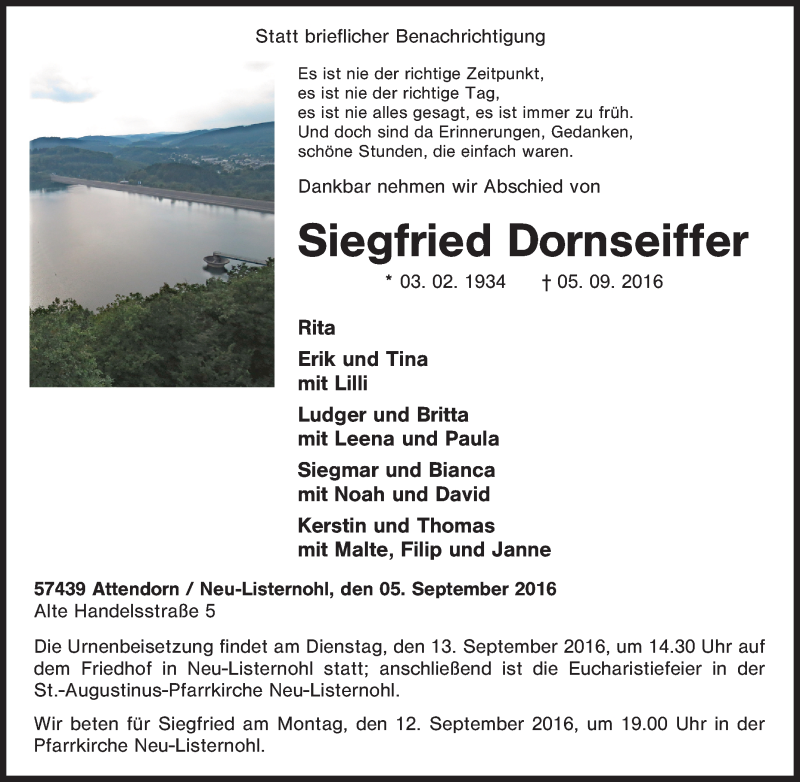  Traueranzeige für Siegfried Dornseiffer vom 07.09.2016 aus Tageszeitung