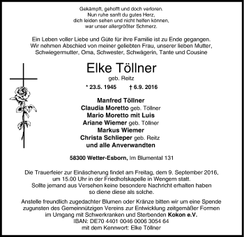 Traueranzeige von Elke Töllner von Tageszeitung