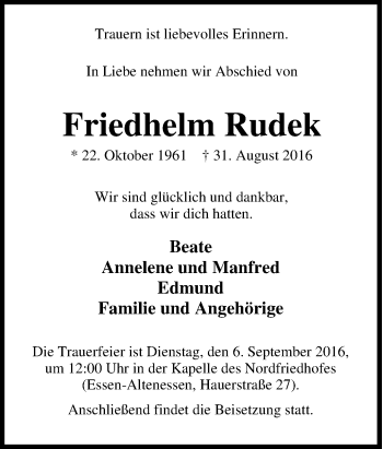 Traueranzeige von Friedhelm Rudek von Tageszeitung