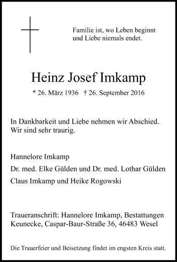 Traueranzeige von Heinz Josef Imkamp von Tageszeitung