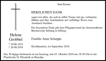 Traueranzeige von Helene Grobbel von Tageszeitung