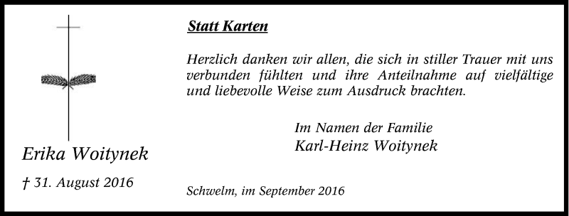  Traueranzeige für Erika Woitynek vom 24.09.2016 aus Tageszeitung