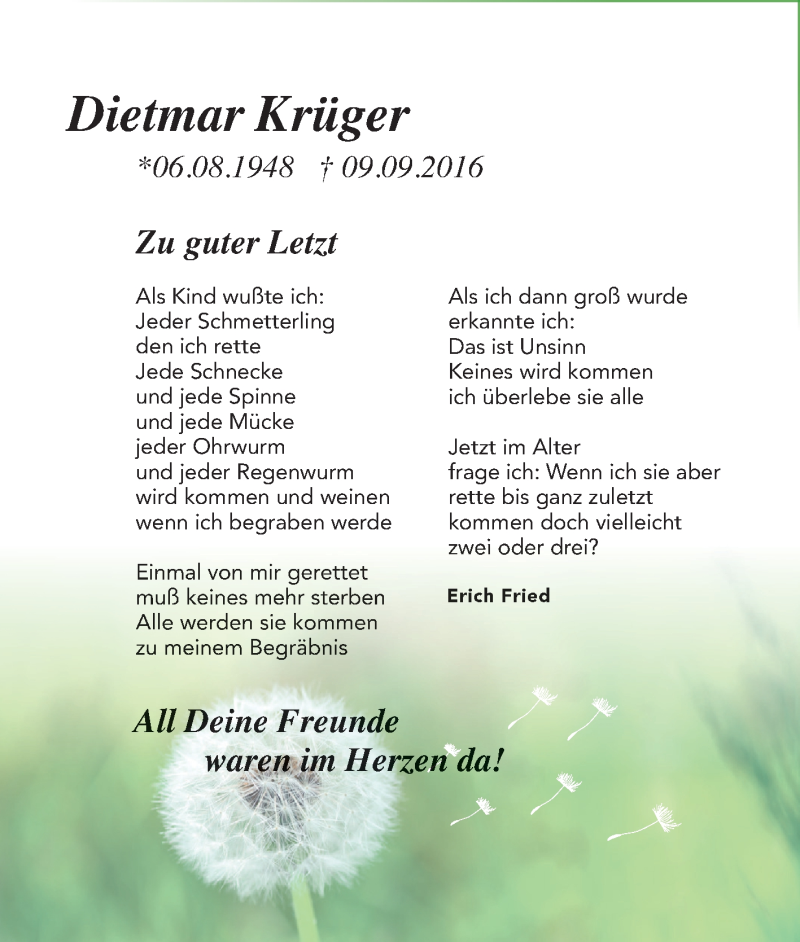 Traueranzeige für Dietmar Krüger vom 17.09.2016 aus Tageszeitung