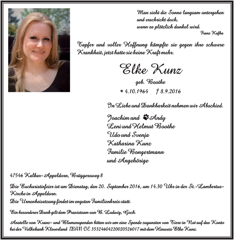  Traueranzeige für Elke Kunz vom 19.09.2016 aus Tageszeitung