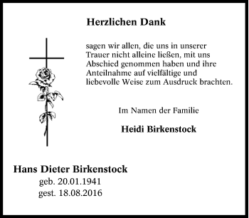 Traueranzeige von Hans Dieter Birkenstock von Tageszeitung