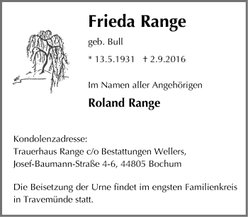 Traueranzeige von Frieda Range von Tageszeitung