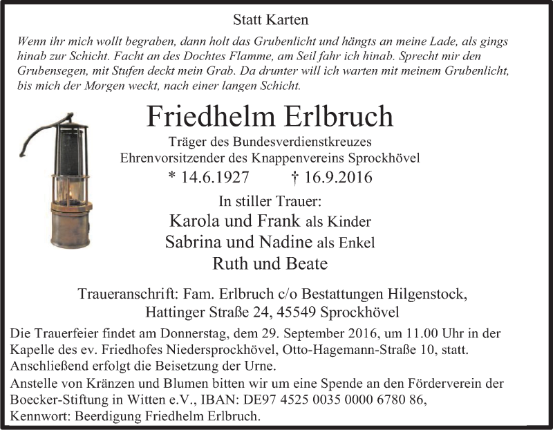  Traueranzeige für Friedhelm Erlbruch vom 24.09.2016 aus Tageszeitung