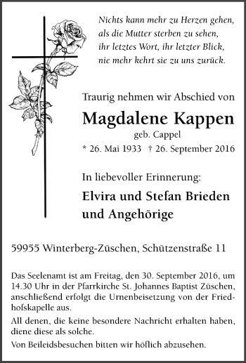 Traueranzeige von Magdalene Kappen von Tageszeitung