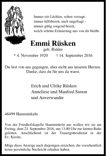 Traueranzeige von Emmi Rüsken von Tageszeitung
