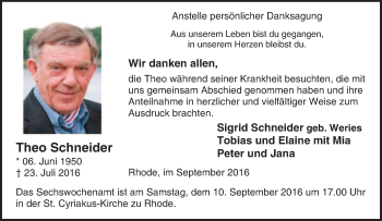 Traueranzeige von Theo Schneider von Tageszeitung