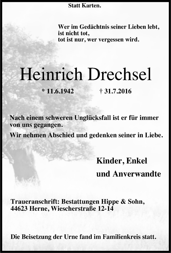  Traueranzeige für Heinrich Drechsel vom 07.09.2016 aus Tageszeitung