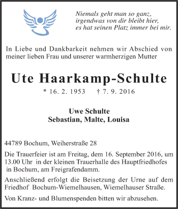 Traueranzeige von Ute Haarkamp-Schulte von Tageszeitung