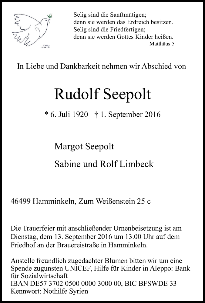  Traueranzeige für Rudolf Seepolt vom 10.09.2016 aus Tageszeitung