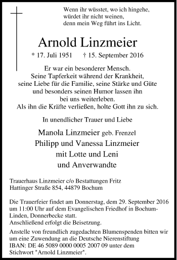 Traueranzeige von Arnold Linzmeier von Tageszeitung