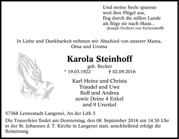 Traueranzeige von Karola Steinhoff von Tageszeitung