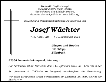 Traueranzeige von Josef Wächter von Tageszeitung