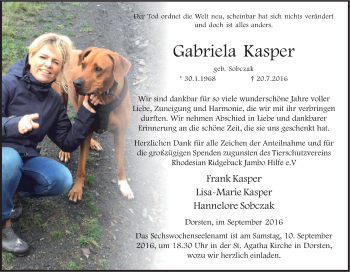 Traueranzeige von Gabriela Kasper von Tageszeitung