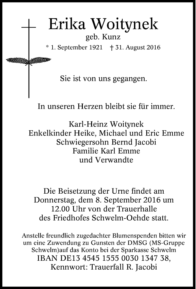  Traueranzeige für Erika Woitynek vom 03.09.2016 aus Tageszeitung
