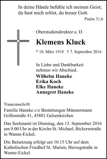 Traueranzeige von Klemens Kluck von Tageszeitung