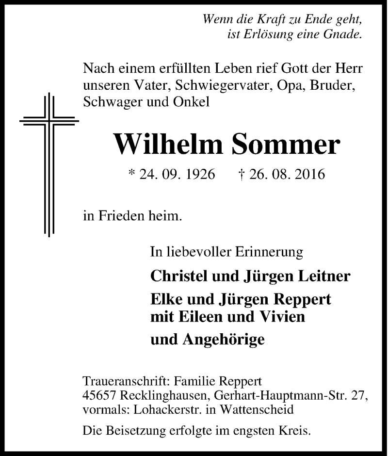 Traueranzeigen von Wilhelm Sommer TrauerinNRW.de