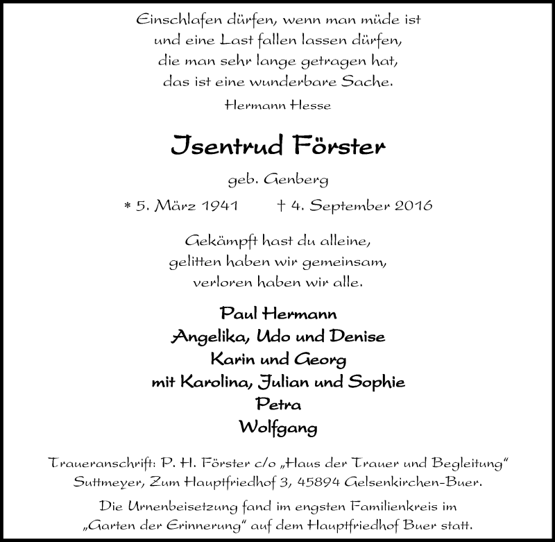  Traueranzeige für Isentrud Förster vom 17.09.2016 aus Tageszeitung