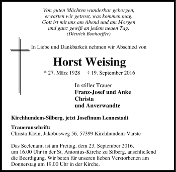 Traueranzeige von Horst Weising von Tageszeitung