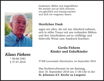 Traueranzeige von Klaus Fiekens von Tageszeitung