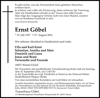 Traueranzeige von Ernst Göbel von Tageszeitung