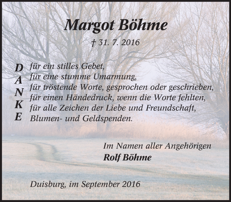  Traueranzeige für Margot Böhme vom 10.09.2016 aus Tageszeitung