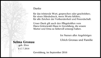 Traueranzeige von Selma Gronau von Tageszeitung