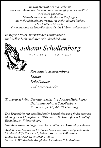 Traueranzeige von Johann Schollenberg von Tageszeitung