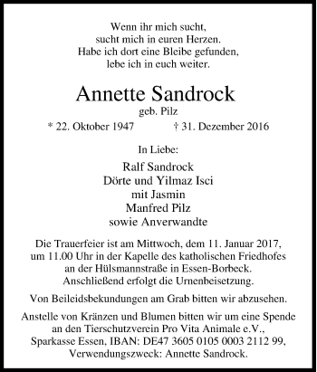 Traueranzeige von Annette Sandrock von Tageszeitung