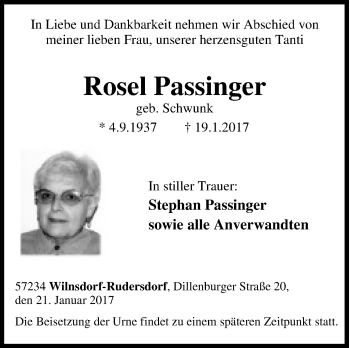 Traueranzeige von Rosel Passinger von Tageszeitung