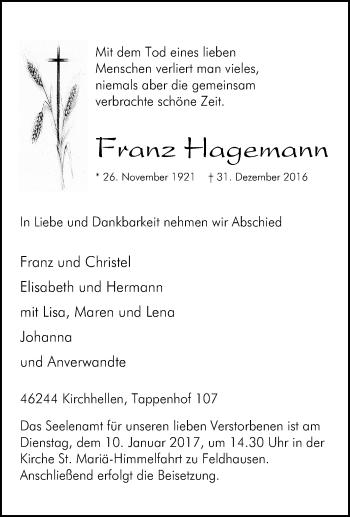 Traueranzeige von Mit dem Tod eines lieben Menschen verliert man vieles niemals aber die gemeinsam verbrachte schöne Zeit. vtanz lagemann . November f. Dezember von Tageszeitung