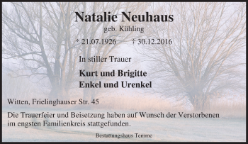 Traueranzeige von Natalie Neuhaus von Tageszeitung