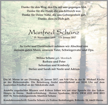 Traueranzeige von Manfred Schanz von Tageszeitung