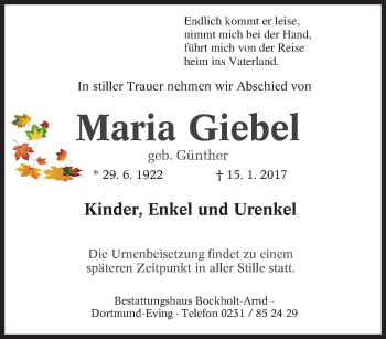 Traueranzeige von Maria Giebel von Tageszeitung