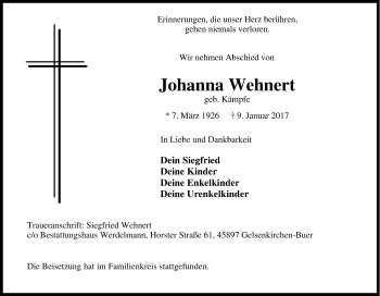 Traueranzeige von Johanna Wehnert von Tageszeitung