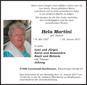 Traueranzeige von Hela Martini von Tageszeitung
