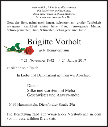 Traueranzeige von Brigitte Vorholt von Tageszeitung