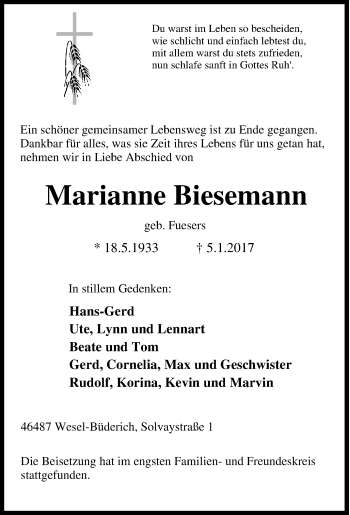 Traueranzeige von Marianne Biesemann von Tageszeitung