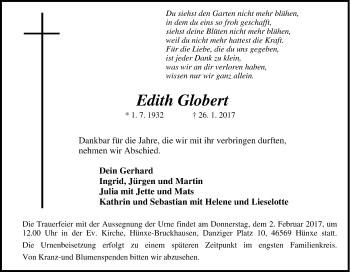 Traueranzeige von Edith Globert von Tageszeitung