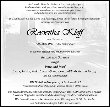 Traueranzeige von Roswitha Kleff von Tageszeitung