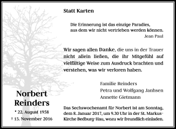 Traueranzeige von Norbert Reinders von Tageszeitung