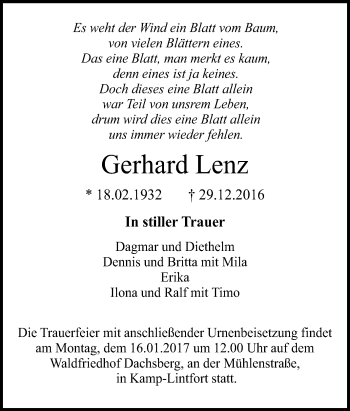 Traueranzeige von Gerhard Lenz von Tageszeitung