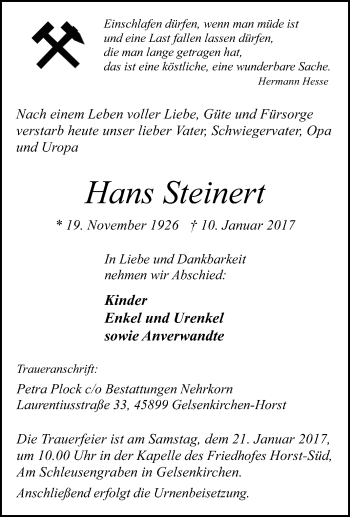 Traueranzeige von Hans Steinert von Tageszeitung