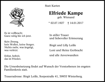 Traueranzeige von Elfriede Kampe von Tageszeitung