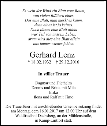 Traueranzeige von Gerhard Lenz von Tageszeitung